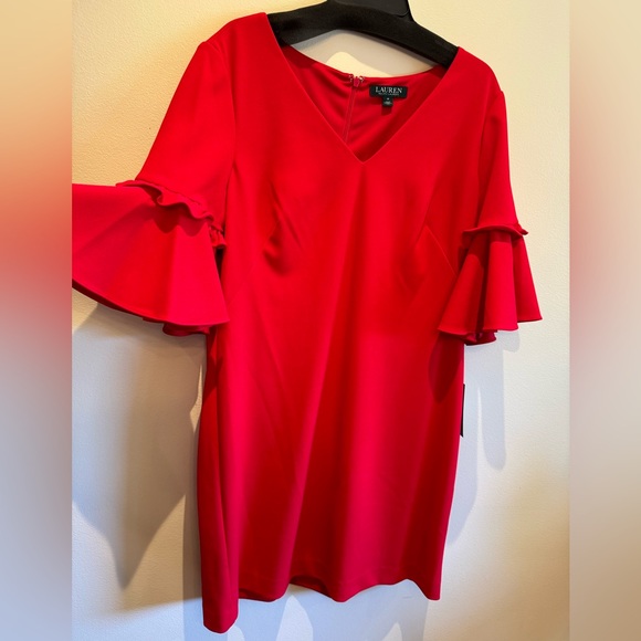 Ralph Lauren - NEW - Red Flutter Sleeve V-Neck Red Dress - Picture 2 of 5